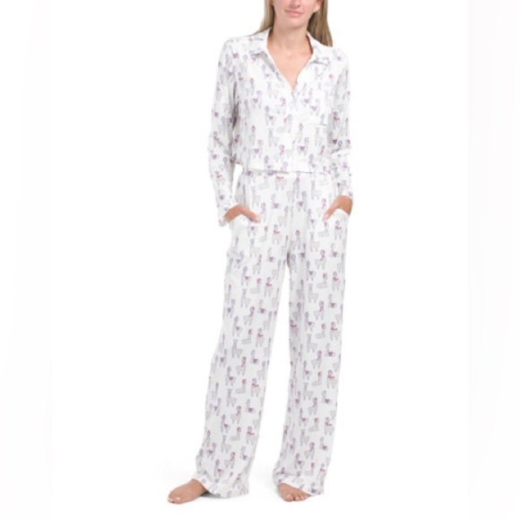 WILDFOX Pajamas Set Llamas Boxy Long Sleeve top shirt pants button down cropped - Picture 2 of 7